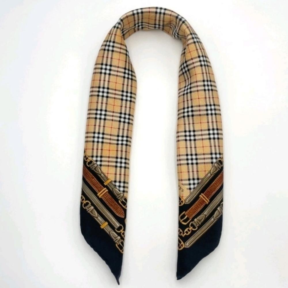 BURBERRYS Vintage Nova Check Silk Scarf 23x23 Belt Equestrian Print - Picture 5 of 8